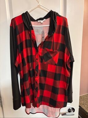 Red Buffalo Plaid Hooded Button-Up Sweater